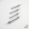 Set of four precision stainless steel dotting tools for nail art and crafts, featuring cylindrical handles of varying sizes and fine metal tips, arranged diagonally on a white background, ideal for creating intricate designs and patterns on nails or other small surfaces.