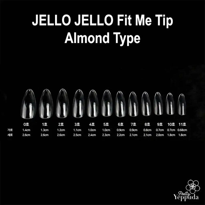 Complete, full-cover almond nail tips, ranging from 0.2 cm to 1.18 cm in length, packaged as a set of 240 pieces, presented in the JELLO JELLO Fit Me Tip product line.