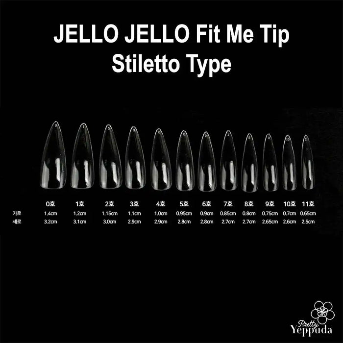 Detailed image of JELLO JELLO Fit Me Stiletto Type False Nail Tips, featuring a range of carefully measured nail sizes with size specifications, showcasing the comprehensive collection of this high-quality, versatile nail product from the JELLO JELLO brand.