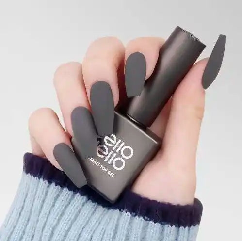 Elegant matte nail polish bottle in a woman's hand, showcasing the Jello Jello Real Matt top gel formula that provides a long-lasting, ultra-smooth finish with a 60-second curing time, a versatile 10ml volume, and the brand's signature sleek design.