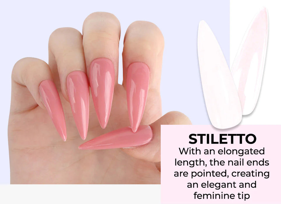 A set of long, pointed stiletto nail tips in a vibrant pink color, showcasing the JELLO JELLO Fit Me Tip - Stiletto Type product. The tips have an elongated length with a tapered, refined point, creating an elegant and sophisticated nail design that exudes femininity and style.