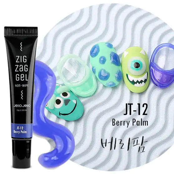 Detailed image of a Shopify product titled "JELLO JELLO Zig Zag Gel JT-12 Berry Palm". The image showcases the product's packaging and various colorful gel designs that can be created using the tube gel. The product description emphasizes the easy application process, curing requirements, and the durable finish achieved through the product's usage.