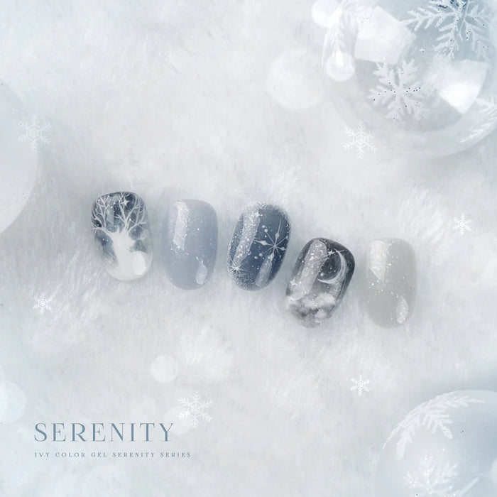 A set of 10 elegant syrup gel polishes in the new Serenity collection by JIN.B, featuring bold syrup colors and delicate snowfall glitter for creating stunning winter-inspired nail designs. The polishes are perfect for special occasions or achieving a cozy, serene look.