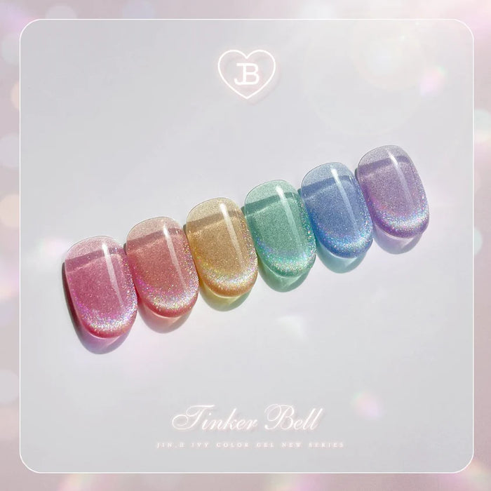 Delightful assortment of colorful, jewel-toned gel nail polishes in the captivating Tinker Bell cateye style from the Jin.B brand, evoking a whimsical, magical touch upon the nails like the kisses of a fairy.