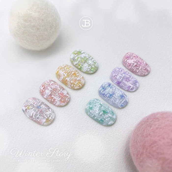 Winter Story Collection 8pcs/Set: An elaborate set of 8 colorful, ice-inspired gel products from the JIN.B Shopify brand. The image showcases the range of pastel and iridescent shades available, perfect for crafting stunning winter-themed designs and artwork.