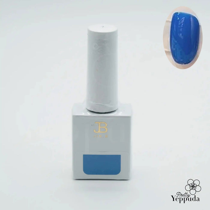 Six glass nail polish bottles in a variety of shades of blue, arranged on a white background, showcasing the JIN.B IVY Yo So Cool 6PCS Collection, a premium Shopify product featuring a special blue edition created by the brand Jin.B. This image highlights the attention to detail and quality of the product, as well as the diverse range of blue tints available in the collection.