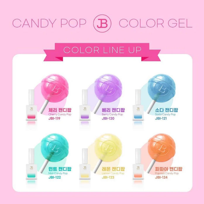 Vibrant and visually captivating set of 6 colorful syrup gel polishes from the Jin.B Candy Pop Collection, showcasing a range of enticing hues that evoke the playful and lively essence of candy. This dynamic product assortment offers a delightful and on-trend way to add a pop of color to your nails, elevating your manicure experience with the brand's commitment to quality and innovation.