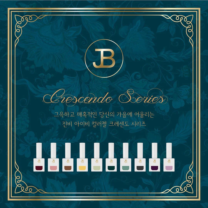 Elegant and sophisticated 10-piece nail polish set from the Gracia JIN.B Crescendo Series, featuring a luxurious teal and gold color scheme with the brand's iconic monogram. Each bottle contains 11ml of premium quality nail lacquer, promising a vibrant and long-lasting manicure experience.