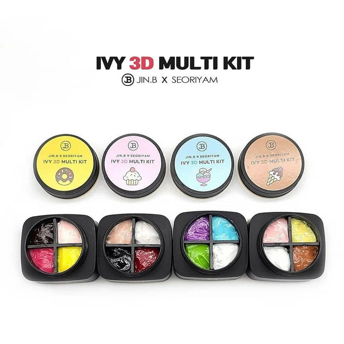 The alt text for this Shopify product image "JIN.B IVY 3D Seoriyam Multi Kit" can be described as: A collection of colorful 3D nail art and charm making kits featuring various themes such as donuts, cupcakes, sundaes, and ice creams. The set includes 4 jars of clay gel with a total of 16 vibrant colors for users to create their own unique designs. The image showcases the diverse range of products and materials available in this comprehensive Jin.