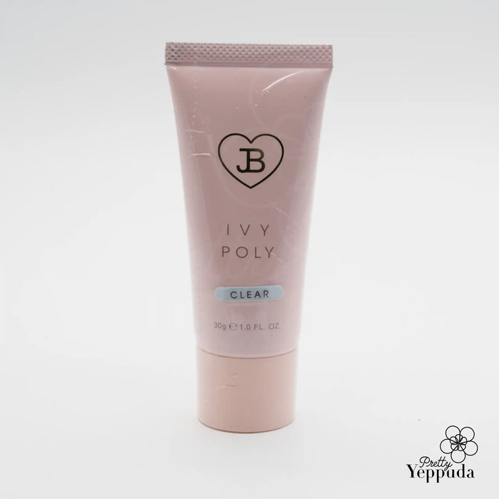 Detailed image of JIN.B Ivy Poly Gel Clear, a clear gel extension product part of a set with pink and milk colors, curing in 60-120 seconds under UV/LED light, with a volume of 30ml.