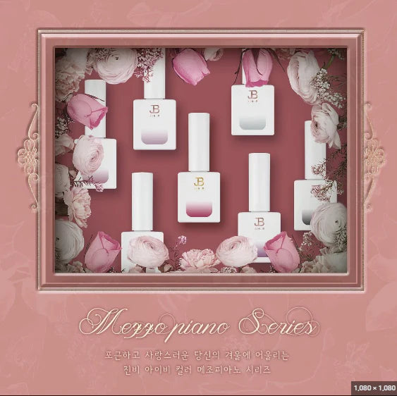 A delicate and sophisticated display of the JIN.B Ivy Mezzo Piano Series, showcasing the elegant bottles and their alluring shades against a backdrop of lush pink floral arrangements. This visually captivating product presentation highlights the refined and harmonious nature of the cosmetic collection, inviting customers to explore the brand's commitment to premium quality and harmonious design.