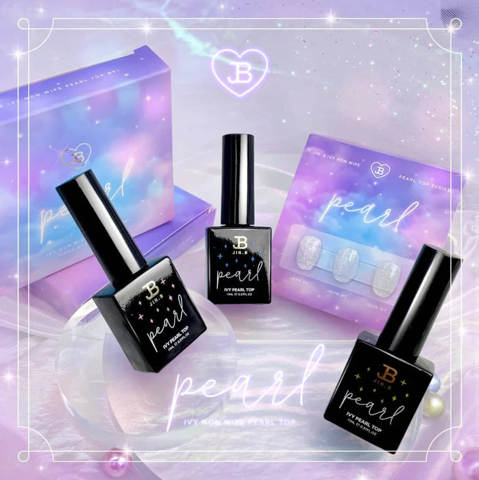 This elegant image showcases the JIN.B Non-Wipe Pearl Top Gel, a set of 3 bottles with a 10ml volume each. The captivating packaging, adorned with shimmering pearls and a soft, pastel-hued background, creates a visually appealing and luxurious presentation for this premium Shopify product.