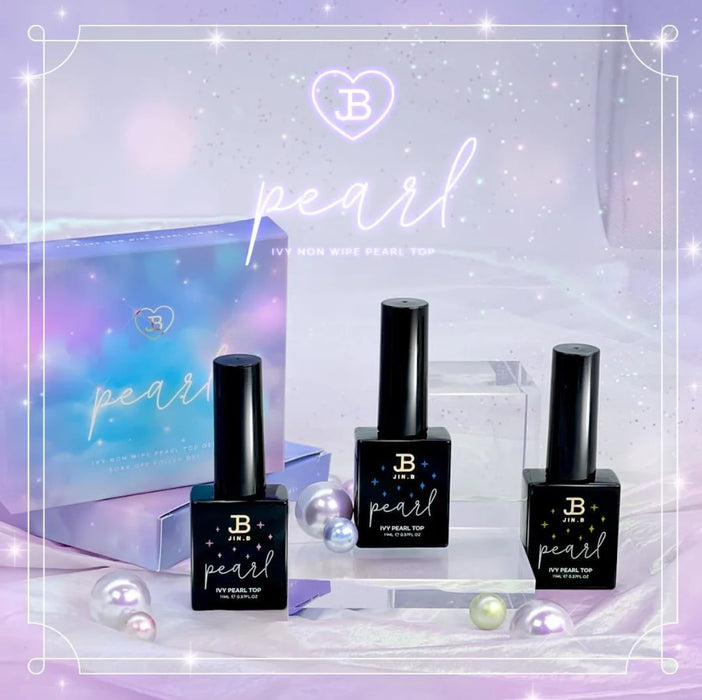 This image showcases the JIN.B Non-Wipe Pearl Top Gel, a set of 3 bottles with a volume of 10ml each. The product is presented against a sparkling, iridescent background, highlighting the pearl-inspired theme. The bottles feature the JIN.B brand logo, conveying a sense of elegance and luxury associated with the Pearl line.