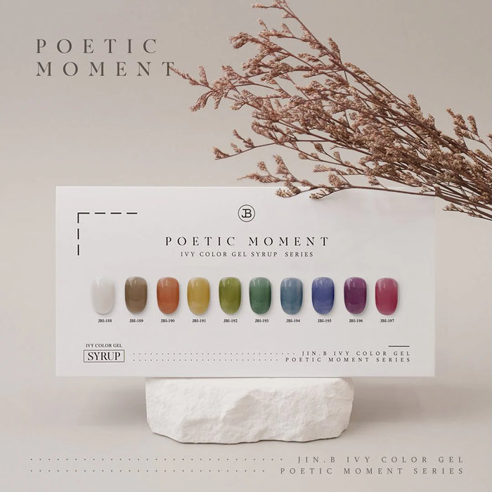 Delicate and serene, the "JIN.B - Poetic Moment Collection 10pcs/set" showcases a vibrant array of transparent nail polish hues, evoking the calming essence of autumn's colorful waters. This captivating product line captures the depth and tranquility of the season, creating a truly mesmerizing visual experience for the user.