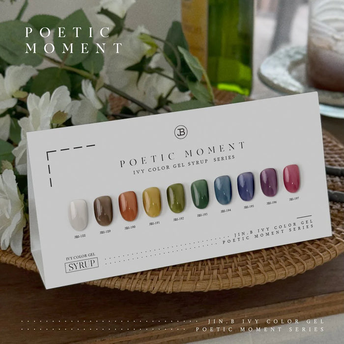 A collection of 10 unique, thin, transparent gel nail polishes in a vibrant range of autumn-inspired colors, capturing the serene and captivating essence of the season's depths through Jin.B's Poetic Moment collection, a true embodiment of the brand's artistic vision and color expertise.