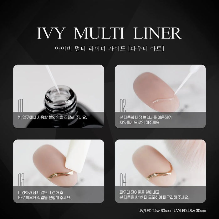 This multi-liner nail gel product from the JIN.B brand offers a non-wipe, UV/LED-curable formula that cures in 24w/60sec or 48w/30sec. The images showcase the product's applicator, layers, and cured result, providing a detailed visual representation of the versatile and efficient multi-liner experience.