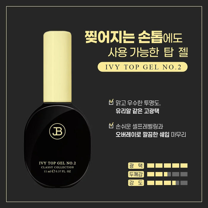 Descriptive alt text for "JIN.B IVY Non-Wipe Top Gel No.2":

A close-up image of a black nail polish bottle with the JIN.B brand name prominently displayed. The bottle is labeled "IVY TOP GEL NO.2" and features a product description highlighting its shiny, clear, high-gloss formula, excellent retention, and easy-to-control self-leveling properties. The image also includes a color swatch and volume information, indicating this is a 11ml nail gel p