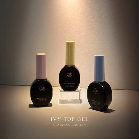 Alt Text: Three bottles of JIN.B IVY Non-Wipe Top Gel No.1 nail products, showcasing their shiny and clear finish without air bubbles, and their ability to protect the original base color while providing great nail retention, as described in the product details.