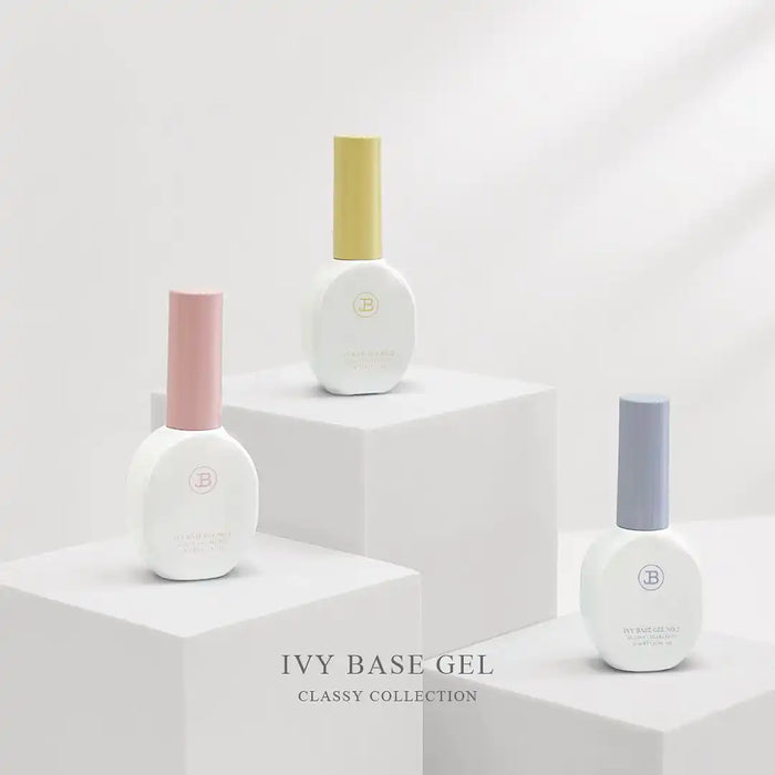 Elegant and minimalist display of the JIN.B Ivy Base Gel No.3, showcasing its smooth formula and strong coverage for low-volume nails. The image highlights the product's excellent retention and 11ml volume, making it an ideal choice for achieving a flawless, long-lasting manicure.