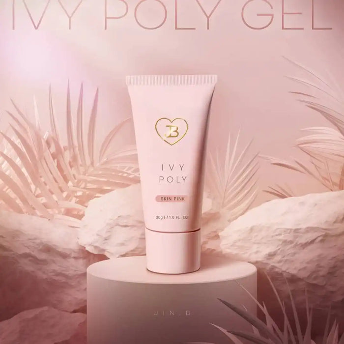 JIN.B IVY Poly Gel Skin Pink gel extension product, featuring a soft pink tube on a neutral-toned background with tropical leaves, showcasing the brand's premium quality and natural aesthetic.