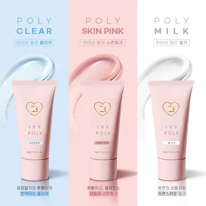 JIN.B IVY Poly Gel Clear, Pink, and Milk - a set of three high-quality, long-lasting gel extensions that cure quickly under UV/LED light, providing a flawless and voluminous look for your nails. The clear, pink, and milk shades offer versatile options to suit your style preferences.