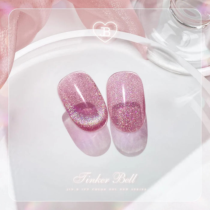 Captivating and magical JIN.B Tinker Bell-inspired cateye gel set in enchanting rainbow hues with a glass-like syrup finish, creating a fairytale-like appearance for your nails. This enchanting collection is sure to make your nails feel touched by the magic of a fairy.