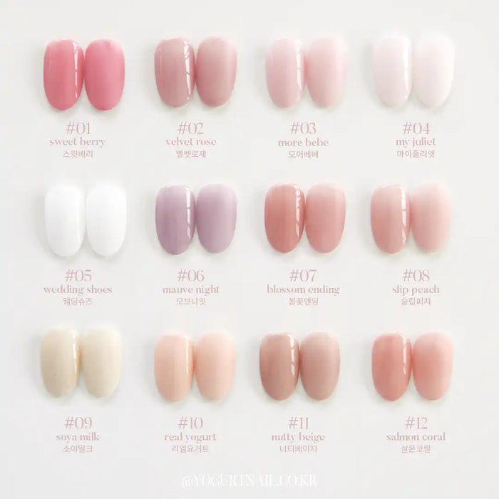 Twelve delicate, pastel-hued gel nail polish shades from the Yogurt Blossom Ending Collection, showcasing a range of soft, natural tones for a beautiful, feminine manicure. The image highlights the color nuances and variety within this premium, high-quality nail gel line by Yogurt Nail Kr.