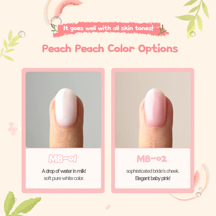 An image showcasing the peach-colored nail polish options from the MAYO Mulbok-Takbok Peach Syrup Gel 8pc collection. The image features two nail swatches labeled with their respective color names and descriptions, highlighting the diverse and trendy peach hues offered in this product line.