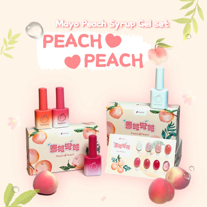 The image features a collection of peach-themed beauty products, including a "MAYO Mulbok-Takbok Peach Syrup Gel 8pc collection". The alt text for this image could be: "A collection of peach-colored beauty products, including a set of 8 peach-colored syrup gels from the Mayo brand, showcasing the 2024 Pantone Color of the Year 'Peach Fuzz' theme.