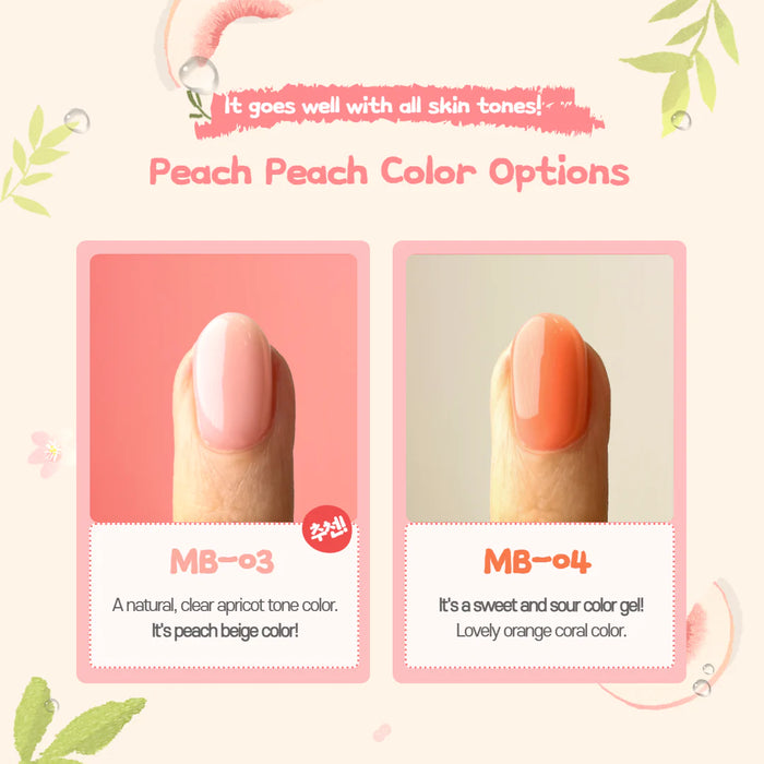 A collection of eight bottles of MAYO Mulbok-Takbok Peach Syrup Gel, showcasing the versatile and trendy peach color options that complement various skin tones, including a natural, clear apricot tone (MB-03) and a sweet, sour coral color (MB-04). The image highlights the moist, transparent formulation and easy leveling properties of the peach-infused syrup gels.