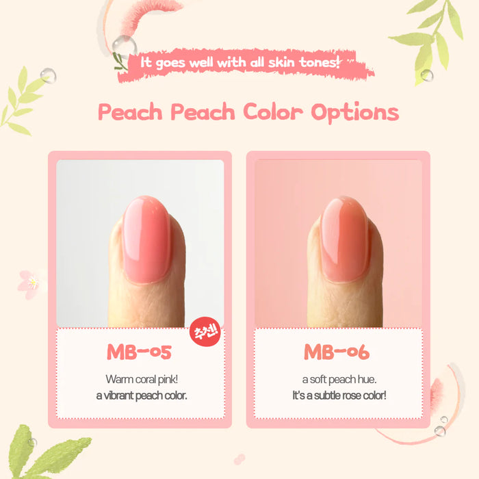 Diverse peach-toned nail polish colors, including a warm coral pink and a soft peach hue, showcasing the MAYO Mulbok-Takbok Peach Syrup Gel 8pc collection - a layerable topping gel line that provides moist and sweet colors to complement the 2024 Pantone Color of the Year 'Peach Fuzz'.