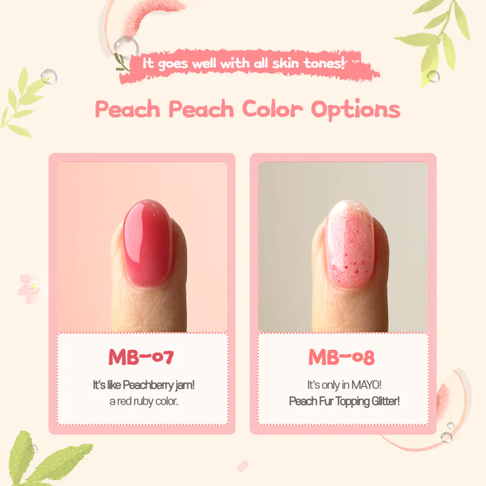 The image shows a collection of peach-colored nail polish products, showcasing two specific shades labeled "MB-07" and "MB-08". The alt text should describe the products in an informative and engaging manner, highlighting their key features and suitability for different skin tones, as per the brand's messaging.