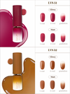 Elegant display of the LEAV Gloaming Sunset Collection showcasing a variety of vibrant gel nail polish shades inspired by the enchanting moments of a fall sunset, ranging from bold reds and pinks to warm caramel tones, offering both glossy and matte finishes to elevate any nail art.