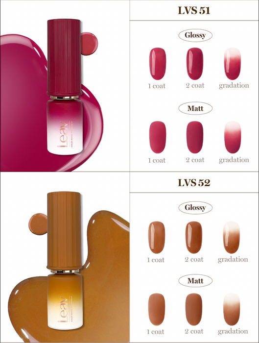 Elegant display of the LEAV Gloaming Sunset Collection showcasing a variety of vibrant gel nail polish shades inspired by the enchanting moments of a fall sunset, ranging from bold reds and pinks to warm caramel tones, offering both glossy and matte finishes to elevate any nail art.