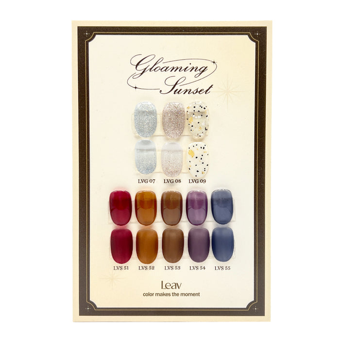 Gleaming Sunset Collection with 8 Gels: A captivating array of 5 clear syrup gels that evoke the enchanting moments of fall evenings before sunset, 2 reflective glitter gels that capture the shimmering tones of the sunset on the sea, and 1 Terrazzo gel to elevate the nail art to a more luxurious level. This LEAV Gloaming Sunset Collection offers a diverse range of colors and finishes to suit various preferences and create stunning nail designs.