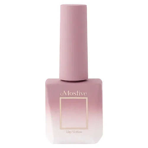 A close-up image of a light pink nail polish bottle from the Mostive Muesli Muse Collection, showcasing the brand's elegant and delicate packaging design.