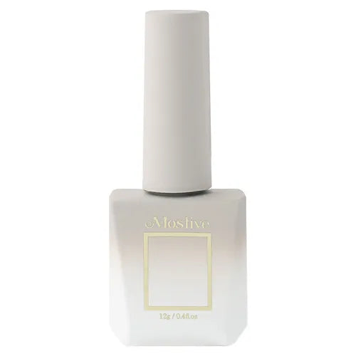 Elegant and modern nail polish bottle showcasing the Mostive Muesli Muse Collection, featuring a sleek white design with minimalist gold accents. The product offers a delicate syrup-like formula that seamlessly transitions from summer to autumn, available in a full set of 10 gels with a custom exterior box packaging.