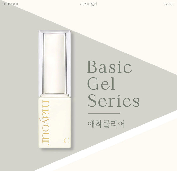 The alt text for the image of the "MAYOUR Clear Gel" product should be:

"A clear gel bottle with the MAYOUR brand name on it, part of the Basic Gel Series line. The bottle has a transparent formula that enhances the natural beauty of nails with a flawless, non-yellowing finish.