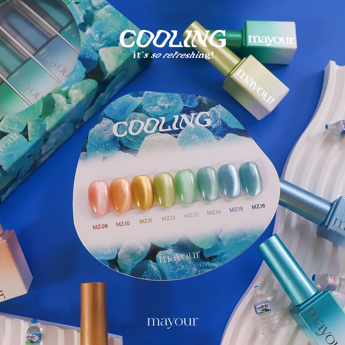 The image shows a product display for the "MAYOUR Cooling Collection 8pcs/set". It features a close-up view of the different nail polish shades in the collection, showcasing their cool and refreshing colors. The overall image conveys a sense of chill and rejuvenation, with the "COOLING" branding prominently displayed.