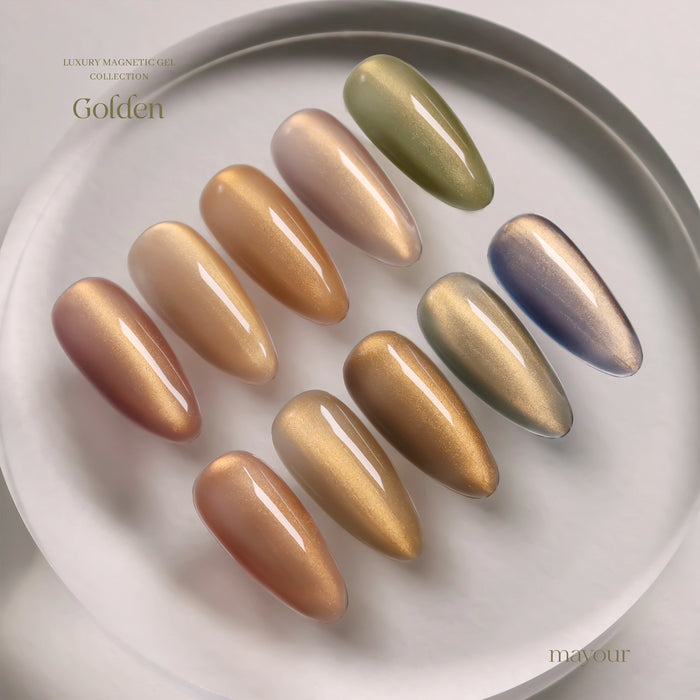 Elegant and luxurious magnetic gel nail polishes in a variety of rich, golden hues that capture the essence of the MAYOUR Golden Collection, perfect for creating mesmerizing and sophisticated nail designs.