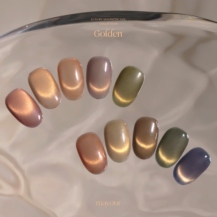 Elegant and sophisticated 10-piece nail polish set featuring a range of warm, golden hues that captivate the eye and add a touch of luxury to any manicure. The magnetic effect creates mesmerizing patterns and designs, showcasing the high-quality formulation and brilliant shine.