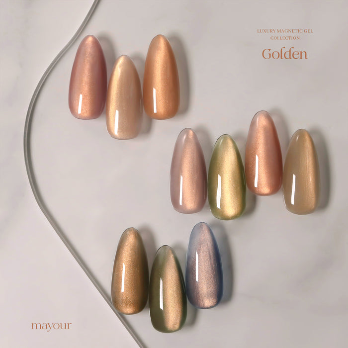 Exquisite array of rich, golden hues in the MAYOUR Golden Collection of magnetic gel polishes, showcasing an elegant and sophisticated assortment of nail colors perfect for elevating any manicure with a touch of luxurious warmth.