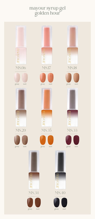 Vibrant sunset-inspired nail gel colors from the MAYOUR Golden Hour Collection, showcasing a range of warm, rich tones for elegant and captivating nail designs.