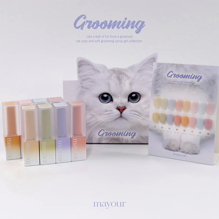 Premium MAYOUR Grooming Collection: 8-piece nail care set with pastel-hued syrups for a vibrant, easy-to-apply manicure, showcasing a closeup of a captivating feline companion.