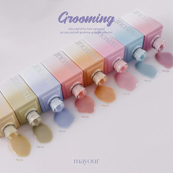 Colorful array of MAYOUR Grooming Collection nail polish bottles, showcasing a variety of pastel shades designed to refresh and rejuvenate nails with a user-friendly, quick-drying formula.