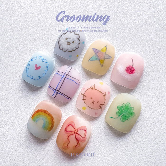 Charming assortment of pastel-colored nail polishes with whimsical illustrations, perfect for an effortless and refreshed spring nail look. The MAYOUR Grooming Collection 8pcs/set offers a versatile range of soft, soothing shades and user-friendly formula for a flawless application.