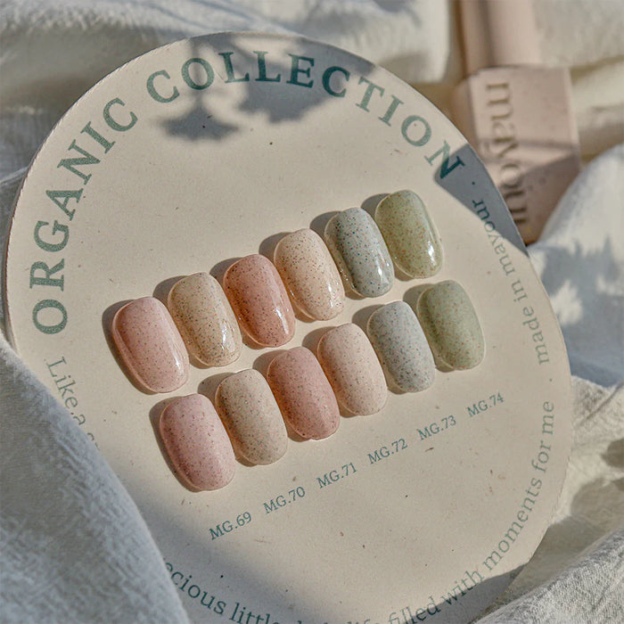 Organic Collection 6pcs/set: A visually captivating assortment of sand gel nail polishes in a variety of earthy, autumnal tones, inviting the user to explore the vibrant colors and textures of the MAYOUR Organic Collection.