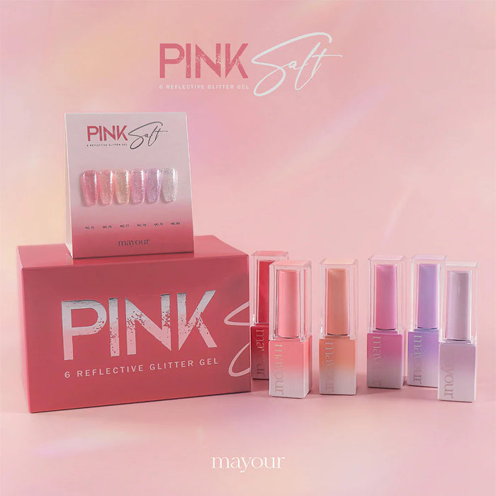 A collection of vibrant, shimmery gel nail polishes in the MAYOUR Pink Salt Collection, featuring a variety of reflective glitters to add a touch of sparkle and sophistication to your nails.