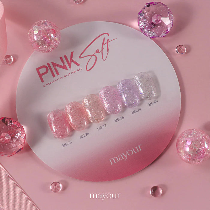 Sparkling pink glitter gel nail polish set showcased on a round display against a soft pink background, highlighting the vibrant, shimmery shades and reflective flakes of the MAYOUR Pink Salt Collection.