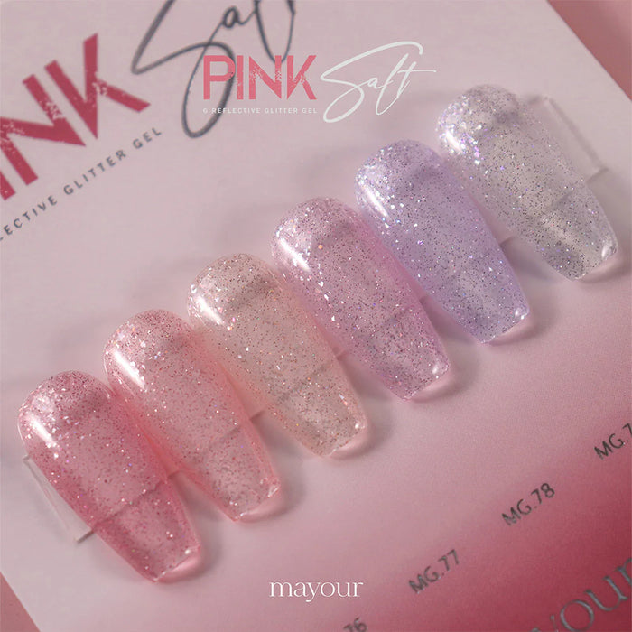 Elegant and glittering pink salt-inspired nail gel collection, showcasing a range of sparkling shades perfect for adding a touch of glamour and sophistication to summer nail designs.